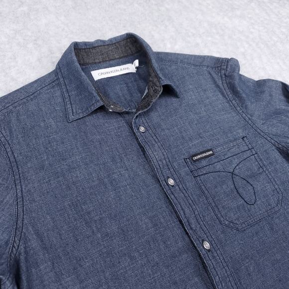 Calvin Klein Chambray Shirt Mens S Dark Blue Button Up Long Sleeve Casual Cowboy - Picture 8 of 11